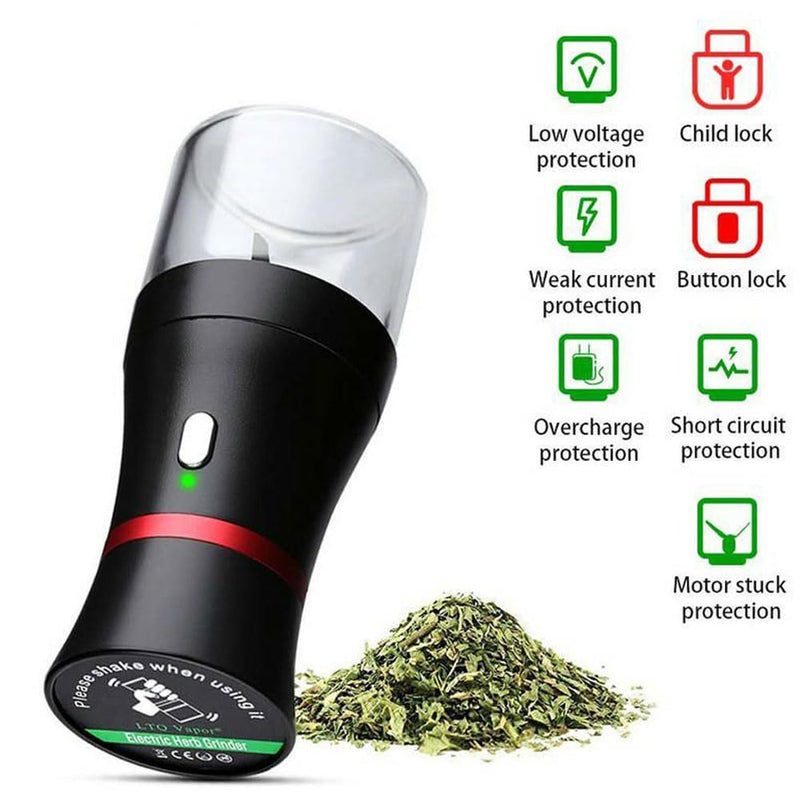 Electric Herb Grinder COMPACT Size, Fast Grinding for Flower Buds, Updated 6 Blades Spice Grinder, USB-Rechargeable Electric Grinder with 2 x 1.7oz/50ml Glass Herb Jars and a Mini Shovel
