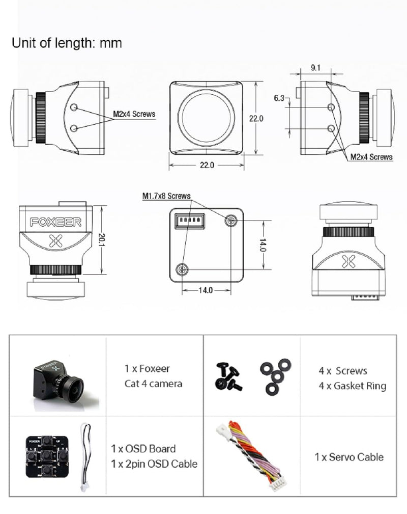 FPV Camera Foxeer Mini Cat 4 1200TVL Starlight 0.00001Lux Global WDR Night Vision Camera 1/3" CMOS Sensor 4:3/16:9 Switchable with OSD Board for RC FPV Racing Drone