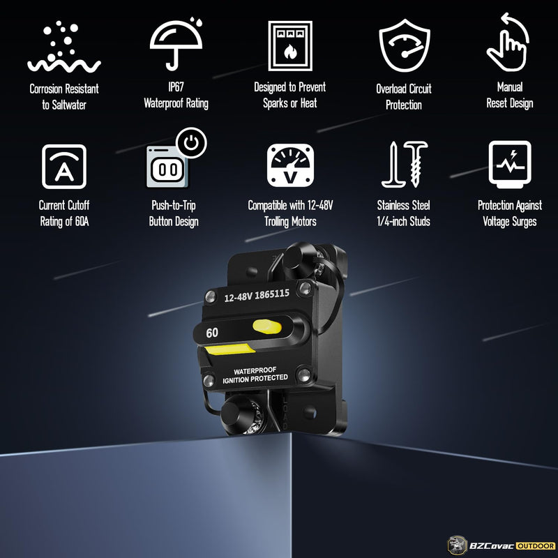 MKR-27 Circuit Breaker for Minn Kota Trolling Motors, 60 Amp, Waterproof Panel Mount, Manual Reset