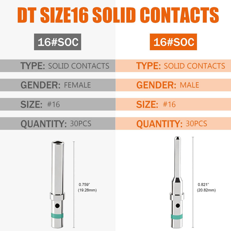 30 Pairs Deutsch Pin Connector Kit Size 16 Solid Contacts DT Series Connector, Common Contacts Automotive Terminals, Ni Plating Pin and Socket Contacts, 14-20AWG Wire Size 30 Pairs - Size 16