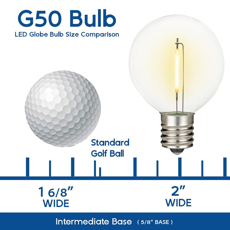 25 Pack G50 Warm White LED Replacement Bulbs – Shatterproof Plastic Filament Bulbs for C9/E17 Sockets, Energy Efficient 0.6W, Indoor/Outdoor Use, 3500 Hour Life