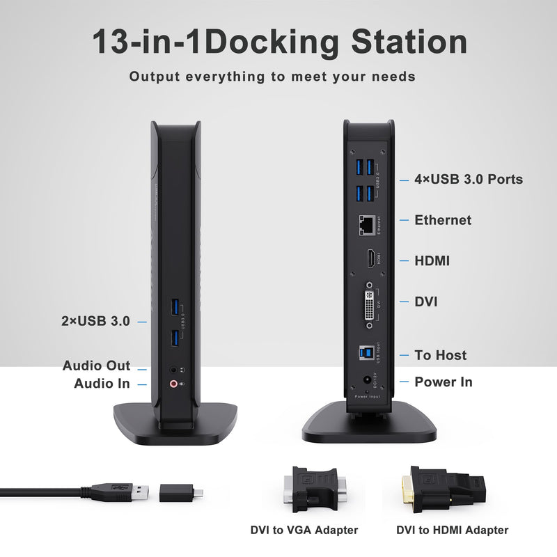 USB 3.0 Universal Docking Station, Acodot 13 in 1 Laptop Docking Station Dual Monitor for Windows and Mac, USB C Docking Station with HDMI, VGA, DVI, 6X USB 3.0, Gigabit Ethernet, Audio