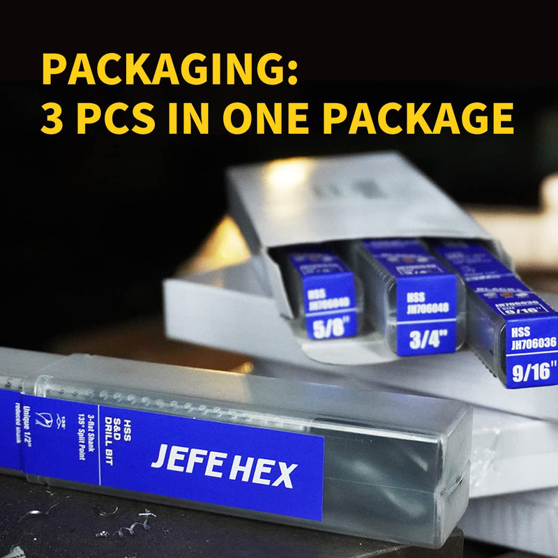 Jefe Hex Reduced Shank Industrial Drill Bit, 5/8 Inch Silver and Deming Drill Bits, HSS Black Oxide Finish Drill Bits, 135-Degree Split Point, Zinc Alloy, Wood and Plastic 5/8 Inch(3 PCS)