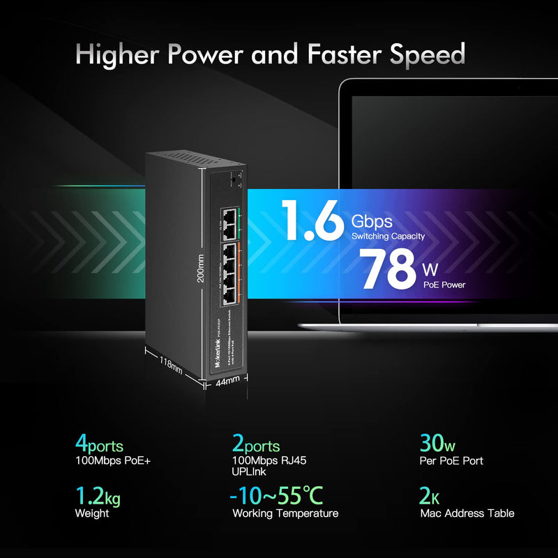 MokerLink 6 Port PoE Switch with 4 Ports PoE+, 2 Fast Ethernet Uplink, 10/100Mbps, 78W High Power, Support IEEE802.3af/at, Fanless Metal Plug & Play PoE+ Network Switch 4 PoE + 2 FE