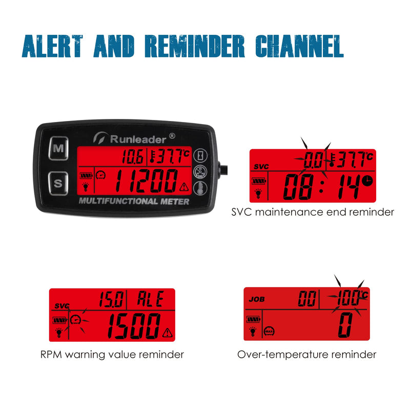 Runleader Digital Hour Meter Tachometer,Engine Temperature Gauge with Alert Temp,3 Backlights Display for Generator Snowmobile Lawn Tractor Pit Bike Compressor Marine Jet Ski (HM035A-TS002-1) RL-HM035A