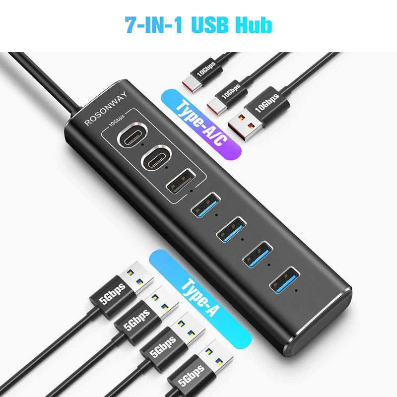 Powered USB Hub, Rosonway 7-Port USB 3.2/USB C Hub with 10Gbps USB-A 3.2, 2 USB-C 3.2, 4 USB 3.0 Ports, Individual Switches and 12V Power Adapter, Aluminum USB Port Expander for Laptop/PC, RSH-A107C