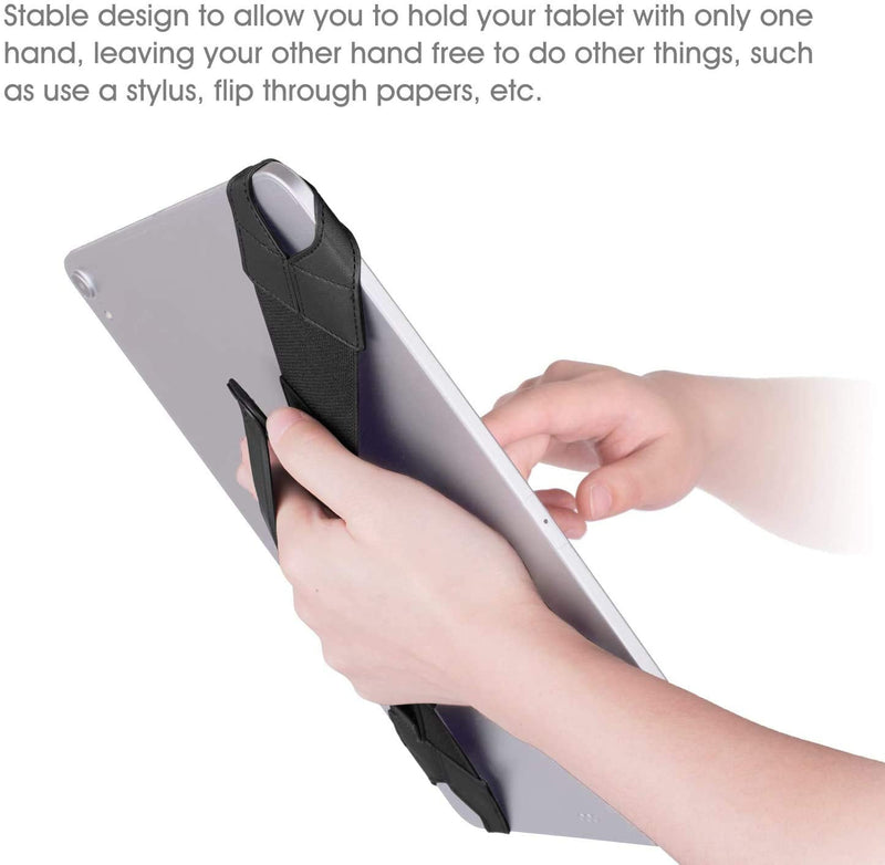 Universal Tablet Hand Strap Holder, 360 Degrees Swivel Leather Handle Grip with Elastic Belt, Secure & Portable for 12.9" Tablets (iPad Pro 2018),Black