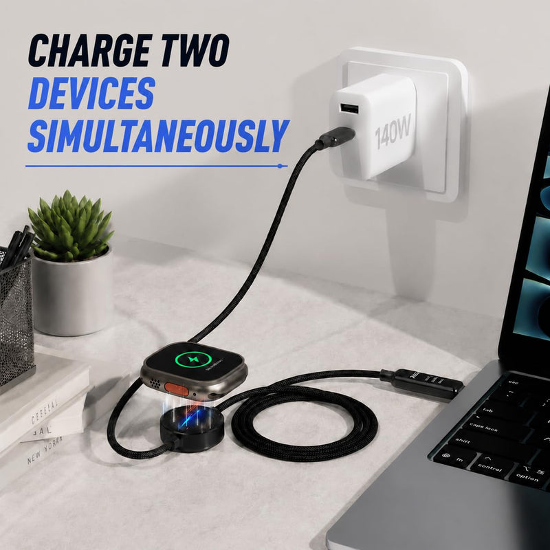 pzoz 2-in-1 USB C Apple Watch Charger Cable, 140W Fast Charging Cord | 140W USB-C fast charging cable with Apple Watch charging and LED display, combining two charging needs in one cable. 4 Feet