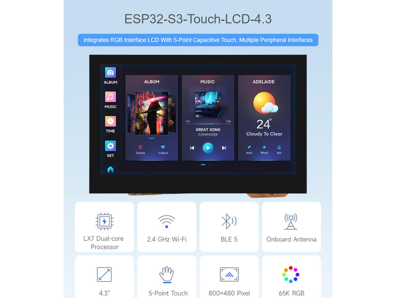 waveshare ESP32-S3 4.3inch Capacitive Touch LCD Development Board with 2.4GHz WiFi and BLE 5 Support,32-bit LX7 Dual-core ProcessorOnboard CAN, RS485, I2C Interface