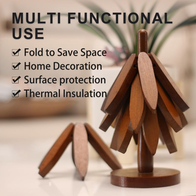 EGO LIFE Wooden Trivet Tree Set for Hot Dishes, 100% Natural Wood, Expandable Design Coaster, Foldable Tree-Sharped Placemats with 4PCS(Walnut Color)