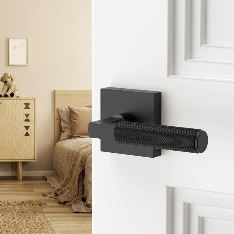 FILTA 1 Pack Matte Black Privacy Door Handles, Knurled Door Levers Interior Matte Black Door Lever Bathroom Door Knobs Heavy Duty Square Door Lock