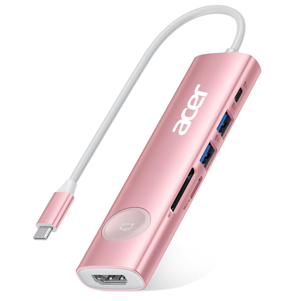 Acer 4K@60Hz USB C Hub, 7 in 1 USB C to HDMI Splitter with USB-A 3.1 & Type-C Data Port, 100W PD & SD Card Reader, USB-C to HDMI Adapter for iPad Pro MacBook Pro Laptops & Other Type C Device - Pink