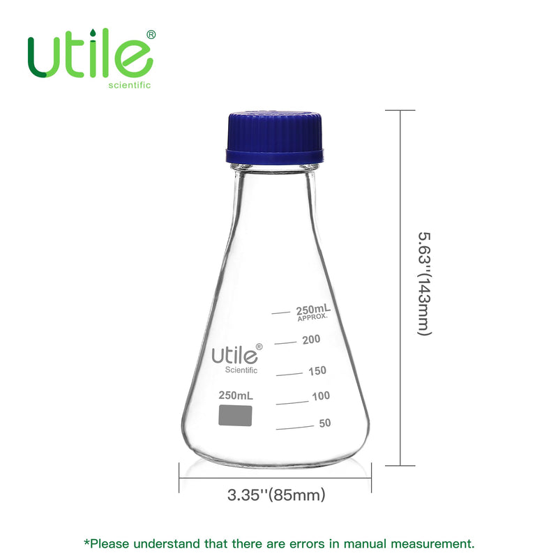 Utile 4 Pcs 250ml Glass Erlenmeyer Flask with Blue Cap, Narrow Mouth Erlenmeyer Flasks, Borosilicate 3.3 Glass Conical Flask for Lab Experiment Chemistry Science,4016.0752.4 4 Pcs of 250ml