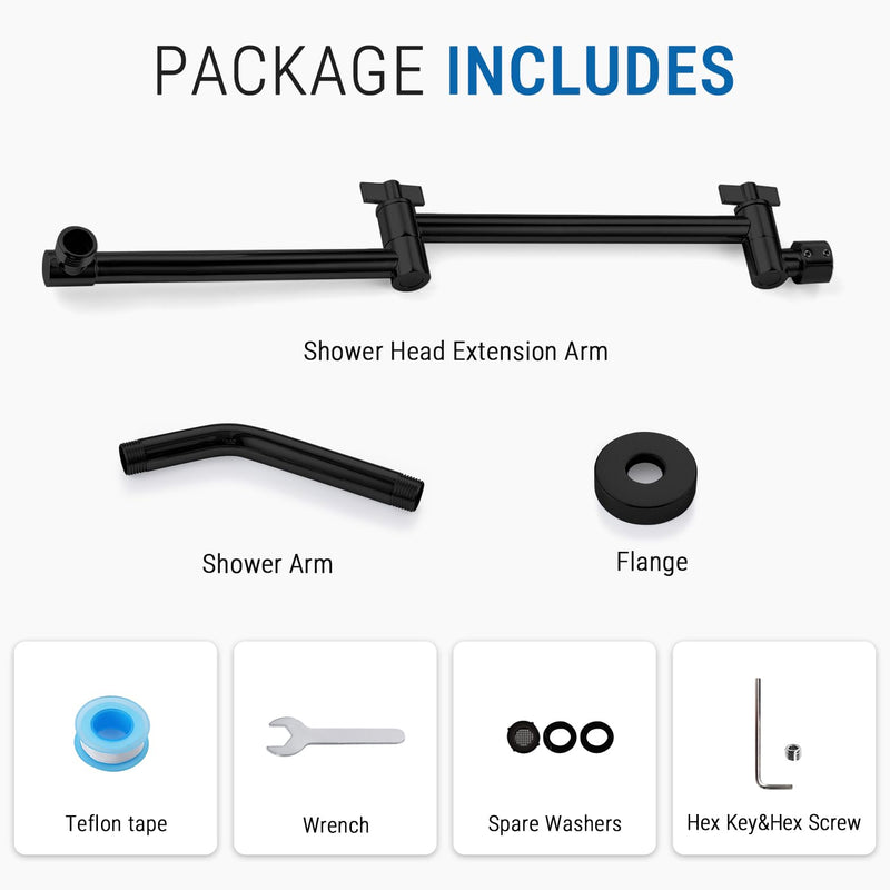 G-Promise 16 Inch Shower Extender with 6 Inch Shower Arm and Flange, Solid Brass Height & Angle Adjustable Extension Arm with Lock Joint, Compatible with Rainfall or Fixed Shower Head (Matte Black) Matte Black