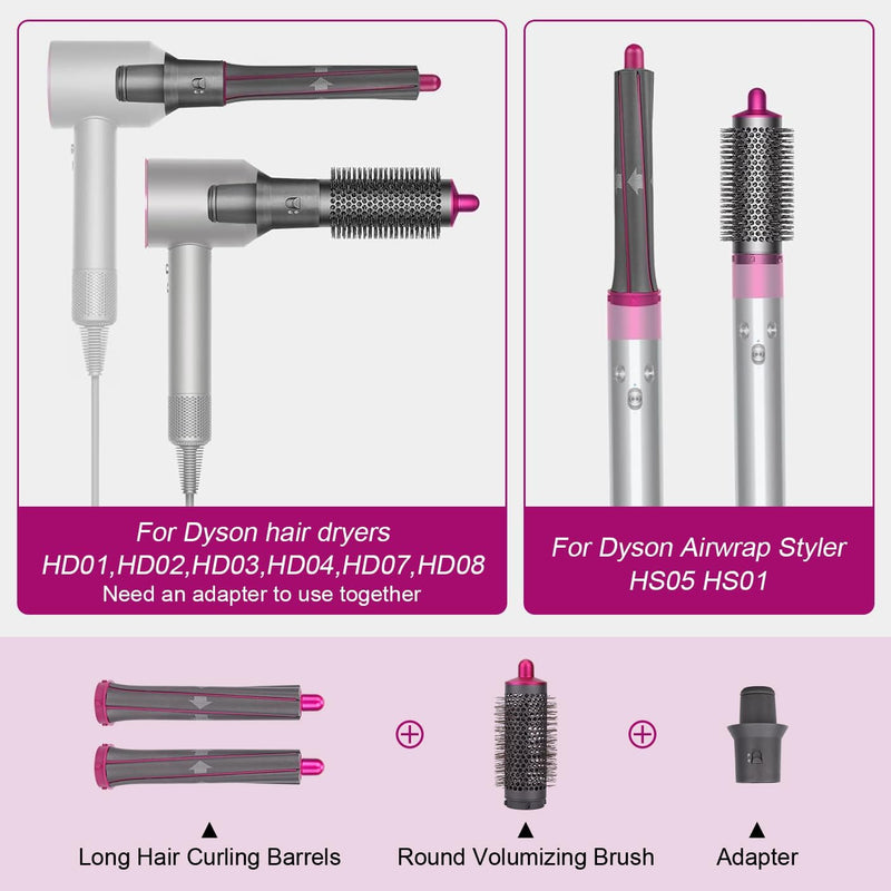 4 in 1 Hair Styling Tools for Dyson Airwrap HS01 HS05 HS08 | Includes 2 Long Curling Barrels Attachment, 1 Round Volumizing Brush, 1 Adapter 4 Pieces