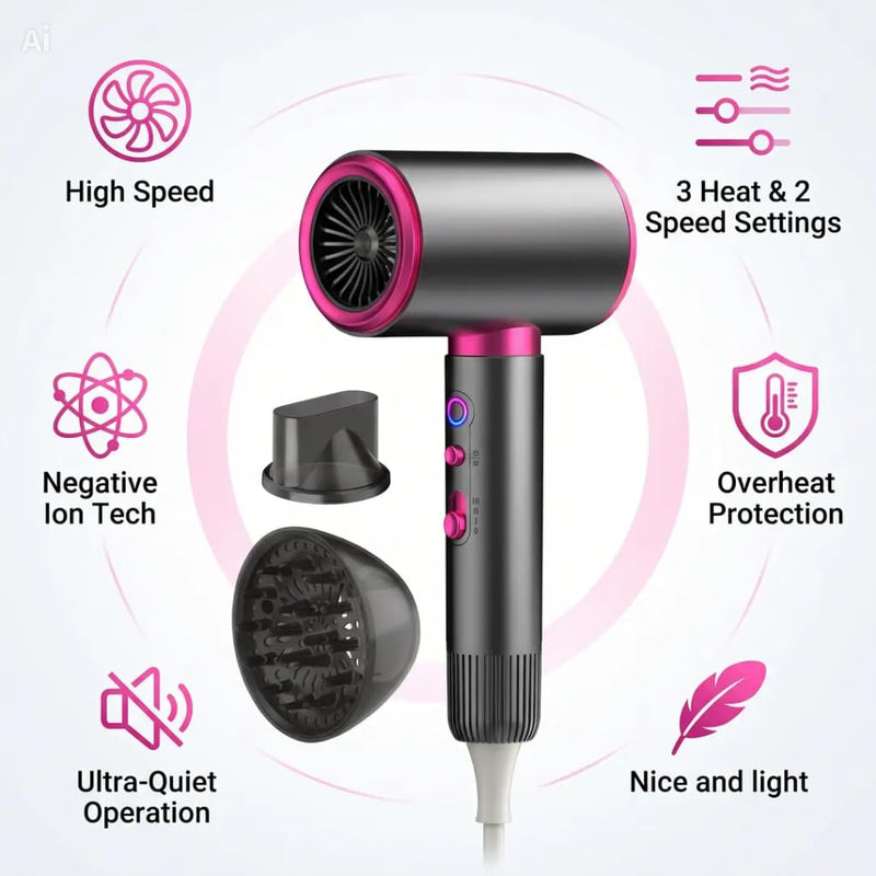 Ionic Hair Dryer 2200W with Diffuser & Concentrator, Fast Drying | 3 Heat & 2 Speed Settings, Cool Shot, Lightweight Design and Quiet Airflow for Women, Men, Curls and Daily Styling