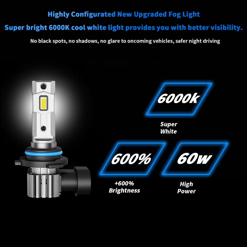 H11 9005 Bulbs Combo, 6000K White H9/H8/HB3 Fog Bulbs, Plug and Play, Pack of 4 Cool White 9005+H11