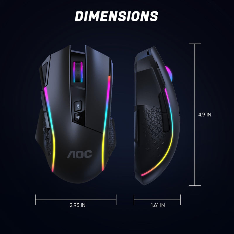 AOC GM401 Wireless RGB Gaming Mouse, 12000 DPI, Rapid-Fire Shotcut, 70Hrs | 2.4GHz Cable-Free 0 Delay /Bluetooth 5.0/USB-C Wired, Remapping Keys, Vibing Backlight, Ergonomic Comfort, Fits for FPS Gamer Black