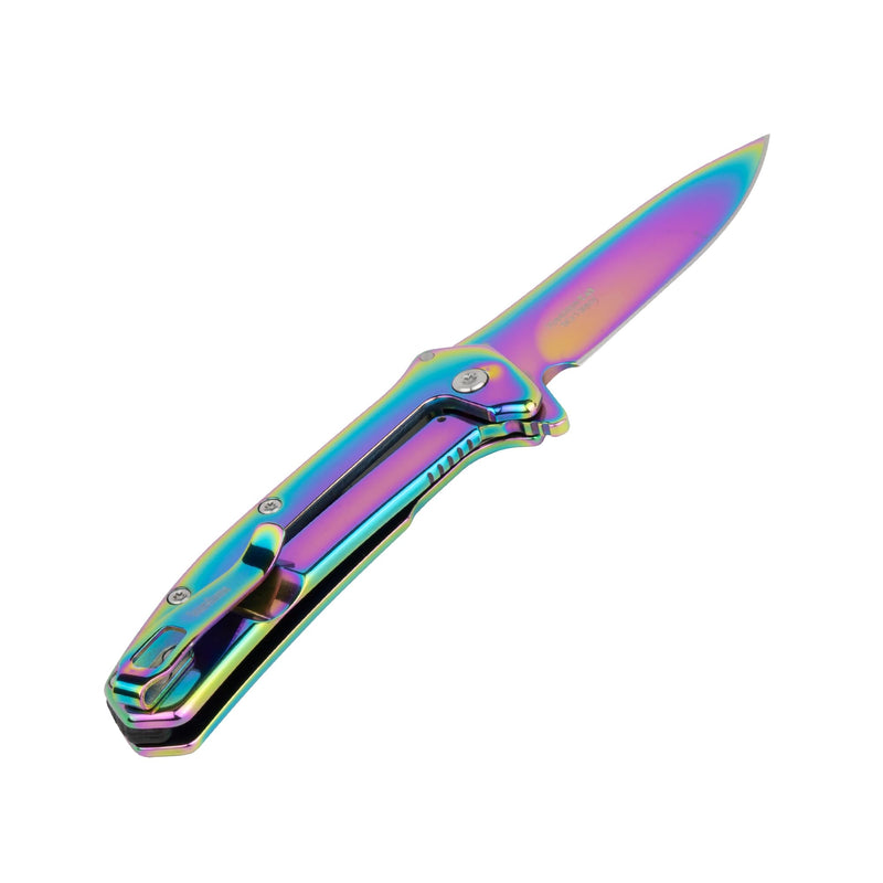 Kershaw Outcome Pocket Knife, Silver, 2.8 Inch Stainless Steel Drop Point Blade, EDC with Assisted Opening, Reversible Pocketclip, Everyday Carry Pocket Knife for Men and Women Rainbow