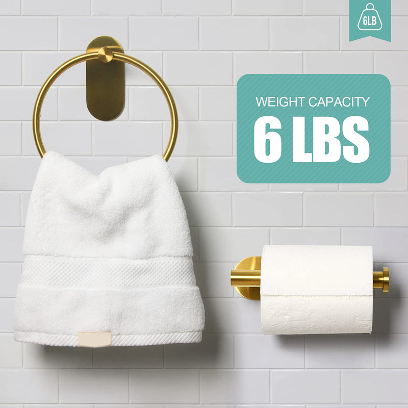 HouseAid Self Adhesive Towel Ring and Toilet Paper Holder Set, Stainless Steel No Drilling Hand Towel Holder Kit for Bathroom, Brushed Gold (2 Pieces)