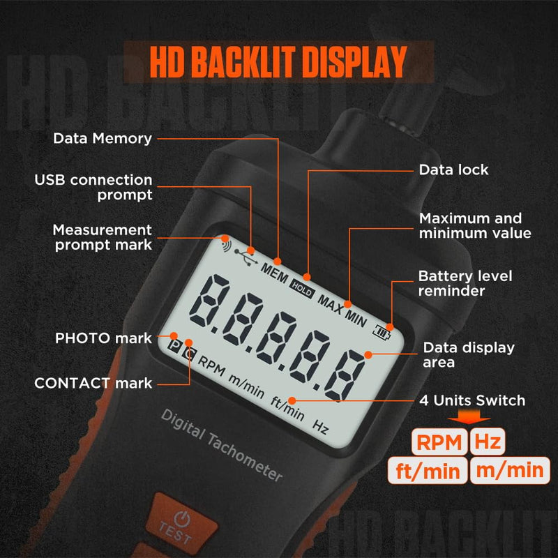 Tachometer Contact & Non-contact Digital Tachometer 4 Test Mode Laser Photo Tachometer 1.0～99999RPM High Accuracy RPM Tachometer with 4 Contact Probes, Backlit Display, Data Memory/Hold,Auto Power Off