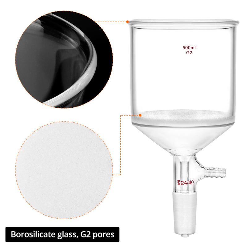 QWORK 500ml Borosilicate Glass Buchner Filtering Funnel with Medium Frit (G2) - 24/40 Standard Taper Inner Joint & 100 Pcs 93mm Filter Paper
