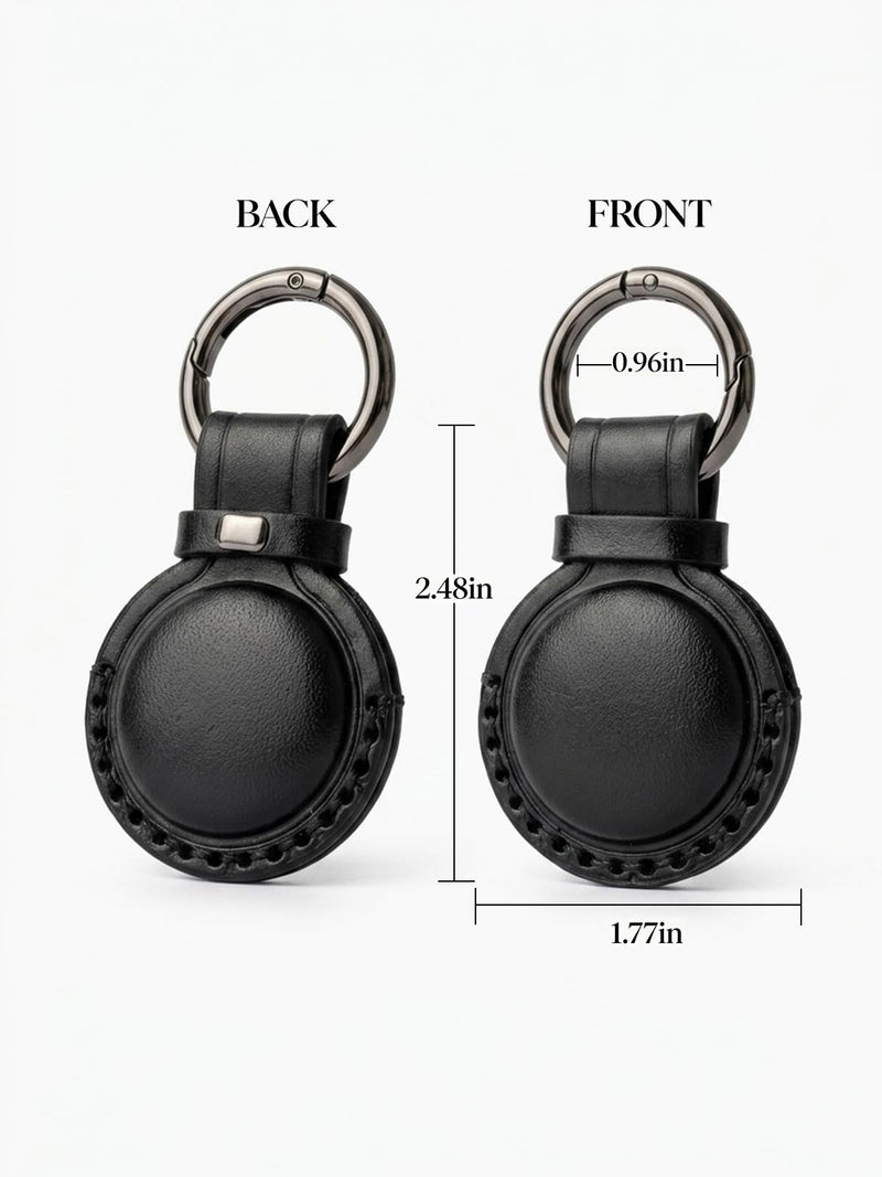 JusBumio Leather Keychain Compatible with Apple AirTag 2nd & 1st Gen | Handcrafted Full Grain Veg-Tanned Leather, Full-Wrap Hidden Holder, No signal/audio loss, Glossy Black Flat Black