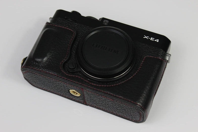 X-E4 Case, BolinUS Handmade Genuine Real Leather Half Camera Case Bag Cover for Fuji Fujifilm X-E4 XE4 Bottom Opening Version + Hand Strap (Black) Black