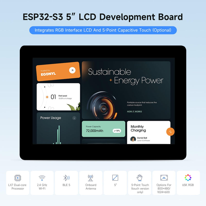 Waveshare ESP32-S3 5inch Display Development Board, 800×480, 32-Bit LX7 Dual-Core Processor, Up to 240MHz Frequency, Supports WiFi & Bluetooth, with Onboard Antenna, No Touch