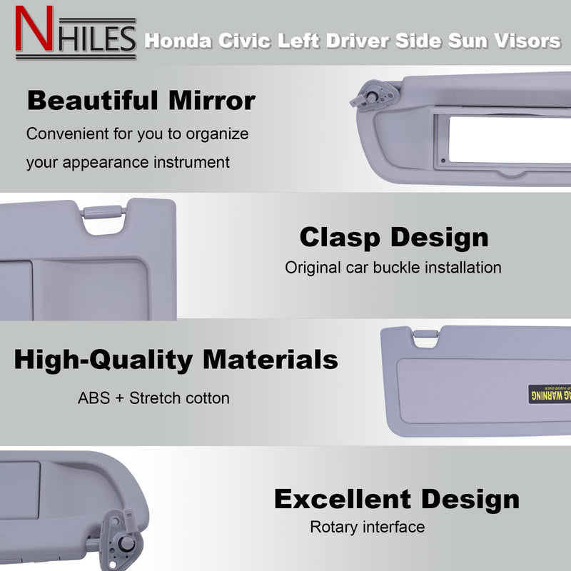 NHILES Clear Gray Left Side Sun Visor Compatible with Honda Civic 2006 2007 2008 2009 2010 2011 Replaces# 83280-SNA-A01ZC 83230-SNA-A01ZC Light Gray Left Driver Side