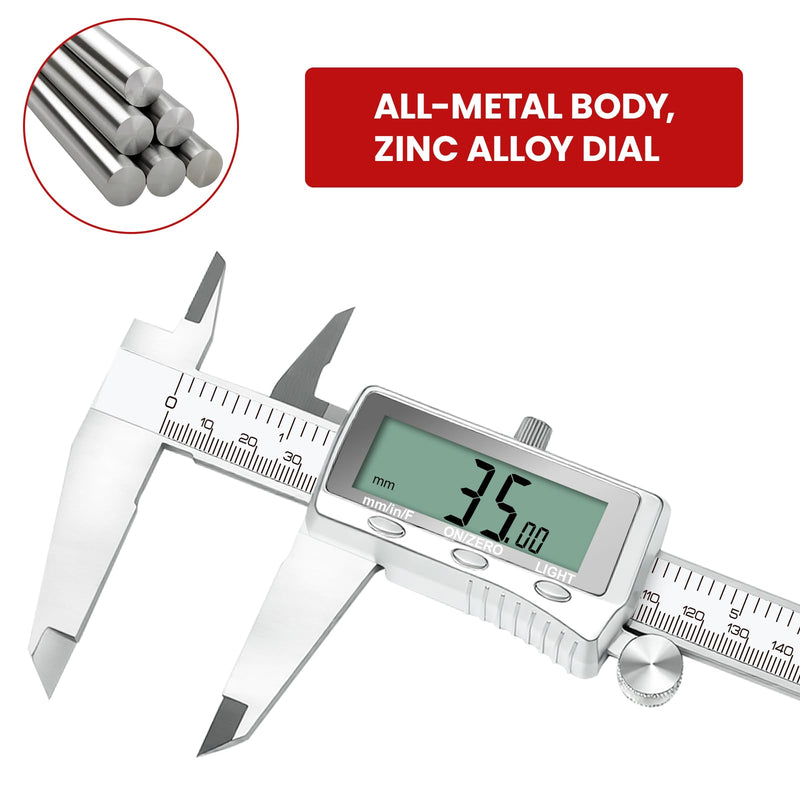 Digital Caliper 6 Inch, Rechargeable Calipers with Backlight LCD Screen, Stainless Steel Caliper Measuring Tool, Auto-Off Micrometer, Inch/MM/Fraction Conversion for 3D-Printing/DIY/Household 6In