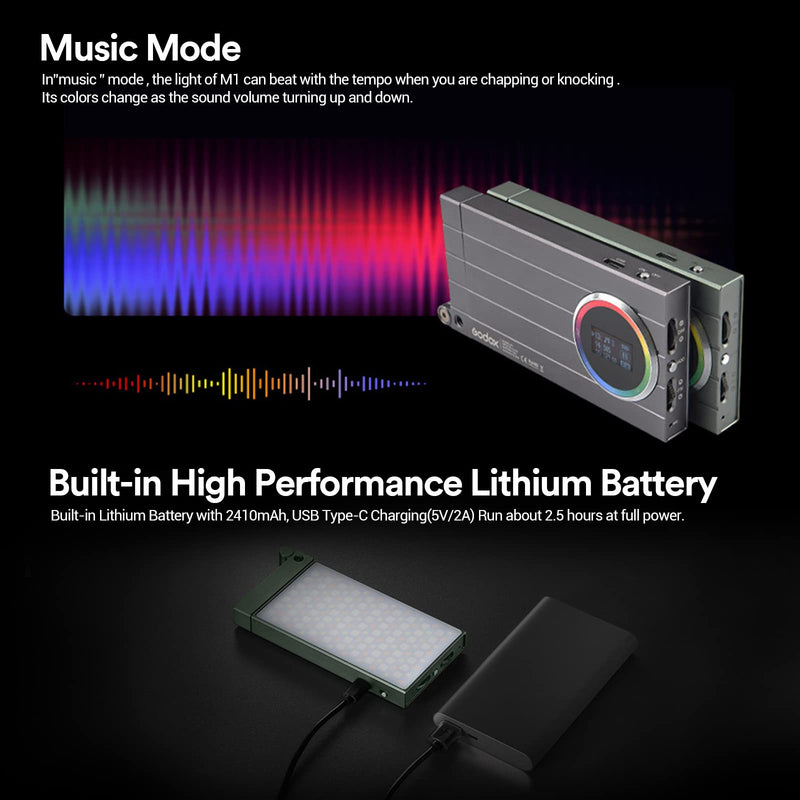 Godox M1 RGB Mini Creative Light,Led Video Light,13W 2500k-8500k Adjustable,CRI97 TLCT 97 RGB 0-360 Full Color,Music Beats Light Function and 40 FX Lighting Effects with Aluminum Alloy Shell(Green) Green