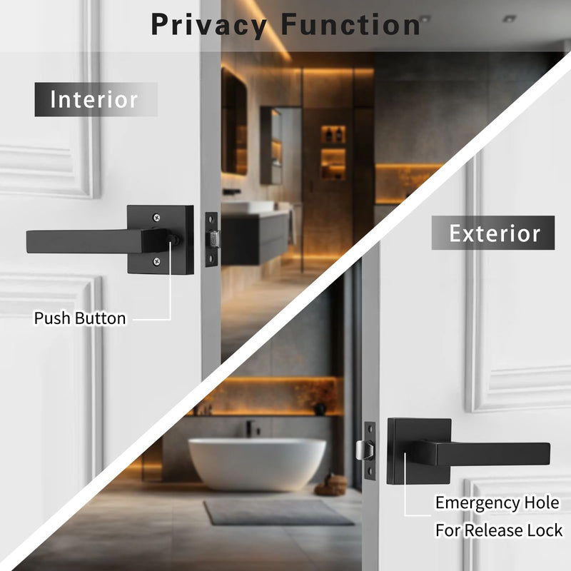 Matt Black Door Handles with Push Lock for Privacy, Zinc Door Handle with Square Rosette for Bath & Bedroom, Quick Release Lock & Easy Install 1 Matt Black