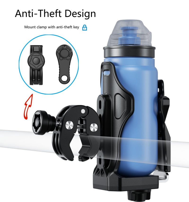 Kewig Anti-Theft Motorcycle Cup Holder, Extra Large Adjustable Size Bike Water Bottle Holder for 1.95 – 3.6" Diameter Bottles, Motorcycle Drink Holder for Stroller, Moto, Bicycle, Scooter, Wheelchair