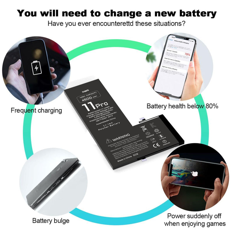 EFAITHFIX 4500mAh Upgraded Replacement Battery Compatible with iPhone 11 PRO, High Capacity New 0 Cycle A+ Battery Replacement for iPhone 11 PRO, Model A2160 A2217 A2215 with Complete Repair Tool Kit 11 PRO-4500