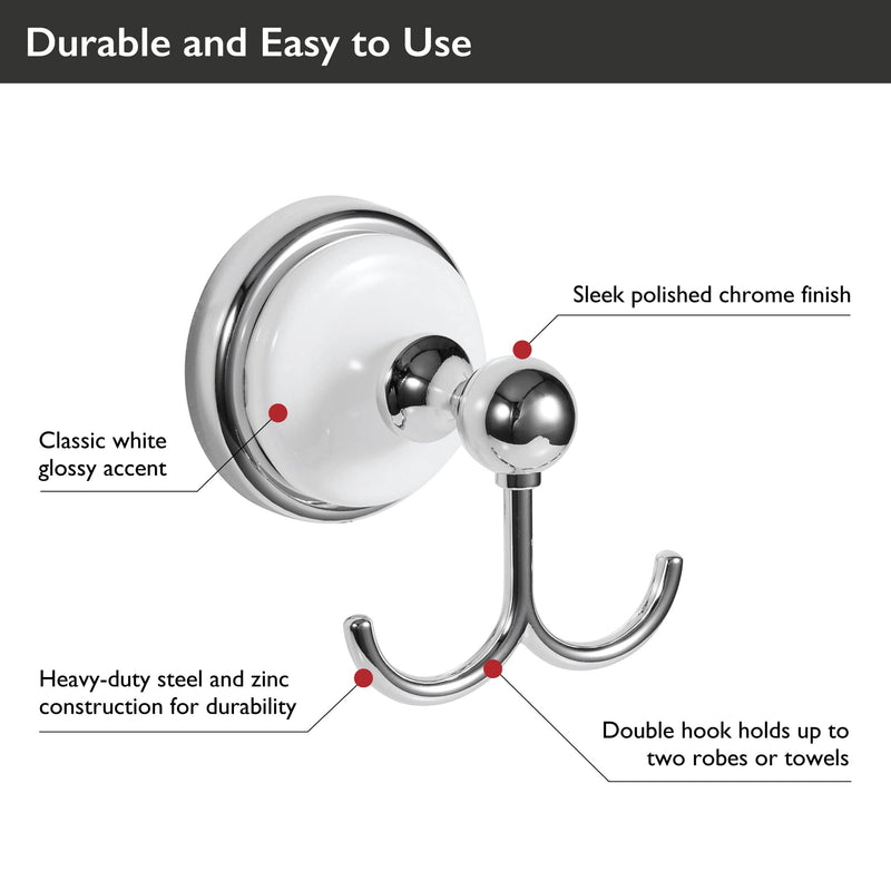 Design House 559260 Savannah Towel and Robe Hook, Polished Chrome and White 2 Robe Hook