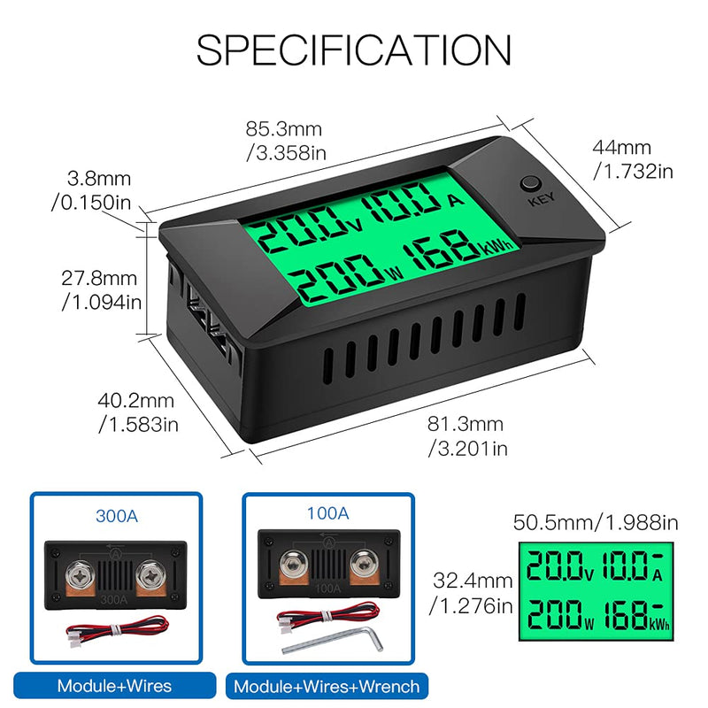 DC Multifunction Battery Monitor Meter,0-300V,0-100A Built-in Shunt, Widely Applied to 12V/24V/48V RV/Car Battery, LCD Display, Digital Current Voltage Solar Power Meter, Multimeter Ammeter Voltmeter DC 100A Battery Meter（Built-in Shunt）