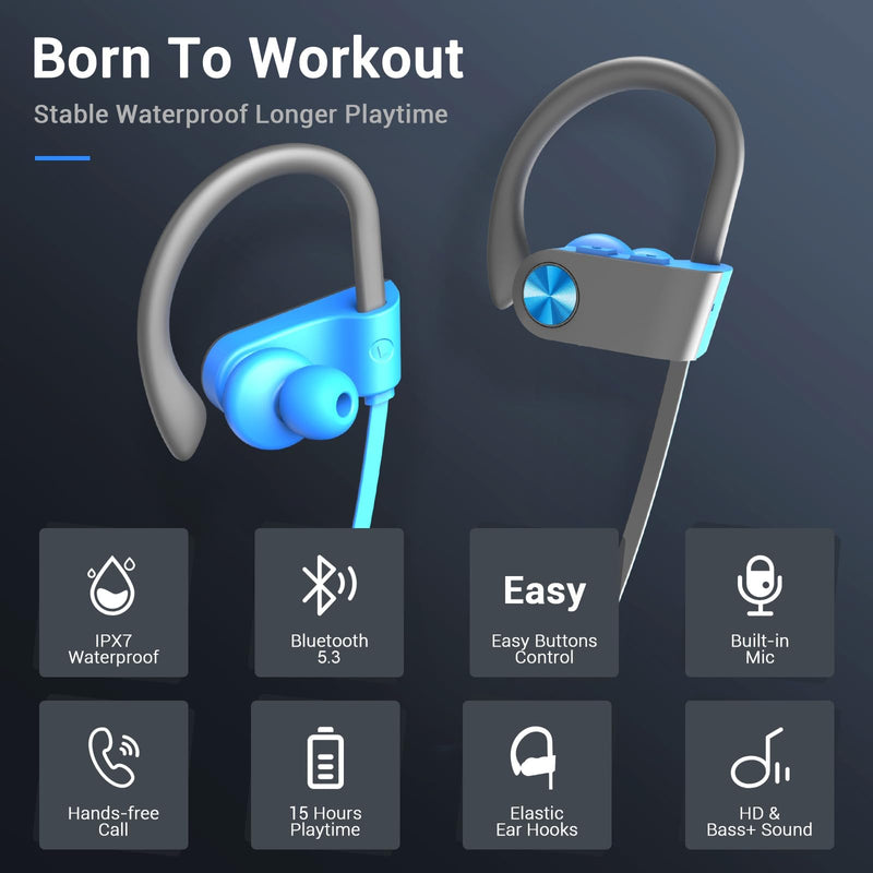 Bluetooth 5.3 Headphones, Wireless Sports In-Ear Earbuds IPX7 Waterproof | 16 Hours Playtime, Sweatproof Stereo Earphones with MIC, Noise Cancelling Headsets for Gym Running Workout, Clear Sound Blue
