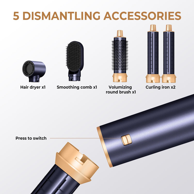 UKLISS Air Styler 5 in 1 Hair Styler Set 1000W Airbrush Hair Styler - Blue | with Hot Air Styler, Hair Dryer Brush, Hair Dryer Curler, Volumizer, Round Brush, Air Stylers for Women