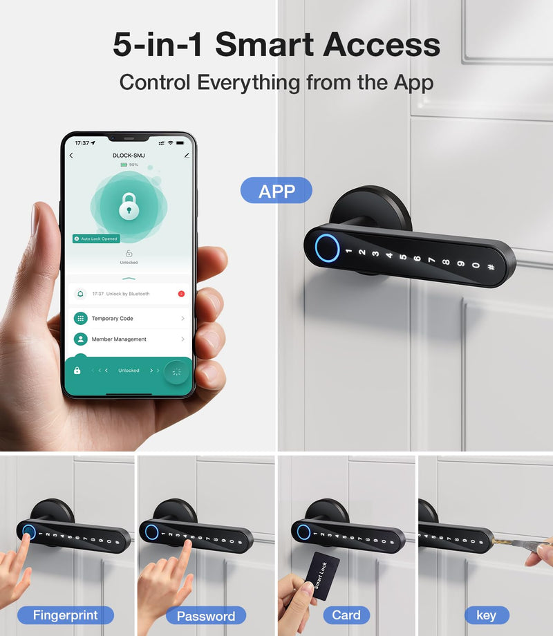 Fingerprint Door Lock, Smart Door Knob with Keypad Keyless Entry, Biometric Door Lock with App Control & Passcode, 4-in-1 Electronic Door Handle for Bedroom, Office, Apartment, Hotel – Modern Design 6 Key Cards