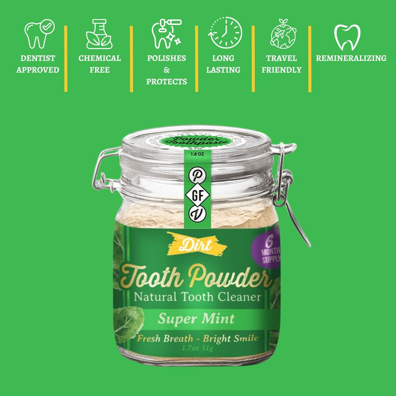 The Dirt - Remineralizing Tooth Powder, Natural Fluoride-Free Teeth Whitening Powder with Hydroxyapatite, Flouride & Gluten Free, Organic Vegan (Super Mint, 51g: 6 Month Supply) Super Mint 1.7 Ounce (Pack of 1)