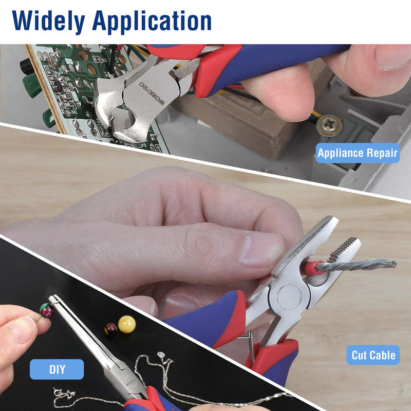 WORKPRO 6-piece Mini Pliers Set - Needle Nose, Diagonal, Long Nose, Bent Nose, End Cutting and Linesman, for Making Crafts, Repairing Electronic Devices, with Pouch Blue
