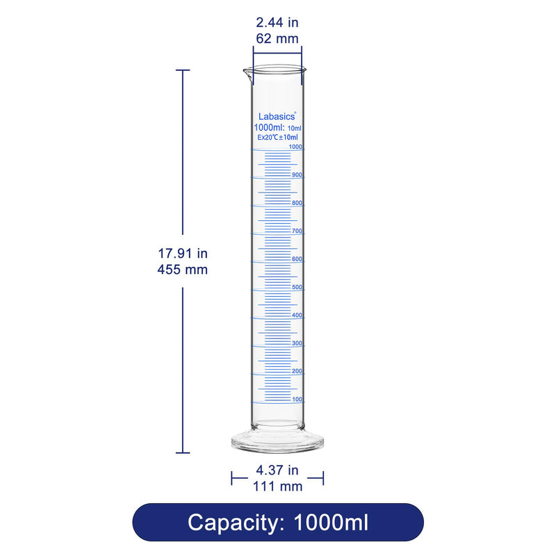 Labasics 1-Pack 1000 ml Borosilicate Glass Graduated Cylinder, Heavy-Duty Measuring Cylinder for Laboratory Use