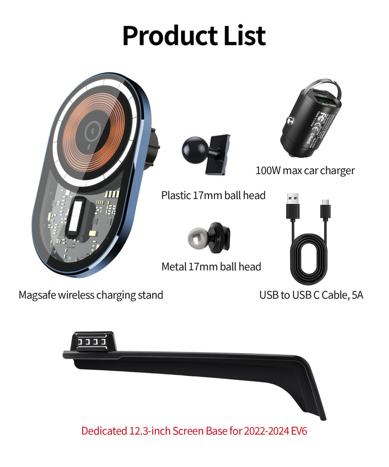 Wireless Charging car Phone Holder for Kia EV6 2022-2024 Accessories 12.3 inch Screen Fixed Clip,360° Rotation car Phone Mount Compatible with MagSafe 12.3-inch for 2022-2024 EV6