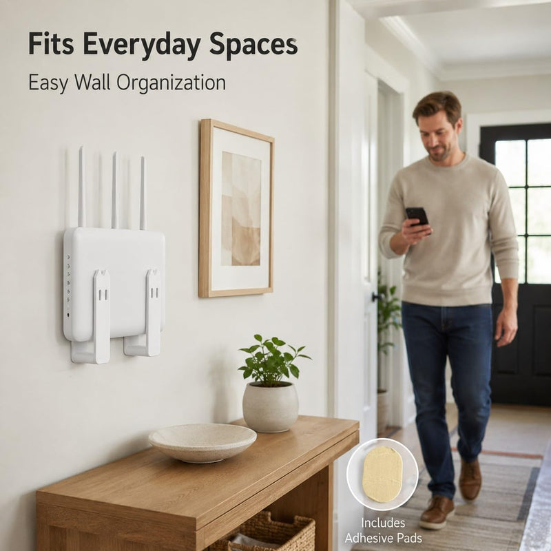 Wall Mount Router Holder, Adhesive Wall Mounted Router Brackets, Adjustable Router Support Stand for Routers, Modems, Set Top Boxes, Cable Boxes and Network Devices, White