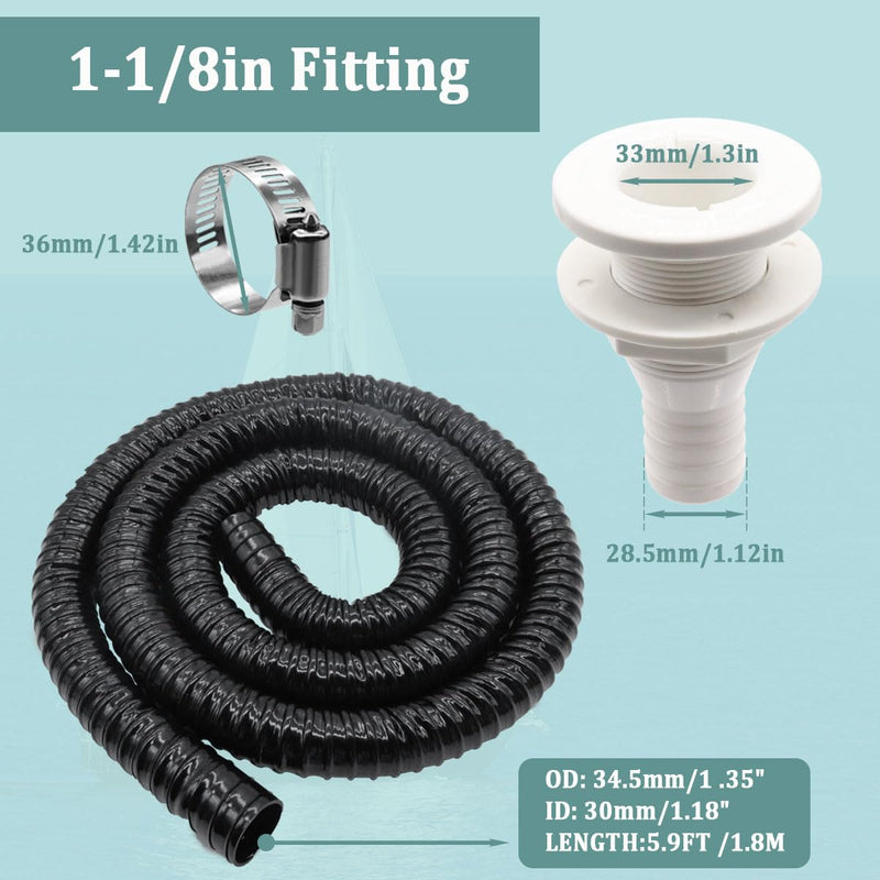1-1/8 Inch Bilge Pump Hose Dia Plumbing Kit,Bilge Pump Installation Kit-12V 1100GPH Bilge Pumps,6 FT Premium Quality Kink-Free Flexible PVC Hose,1-1/8 Inch ABS Thru-Hull Fitting,2 Hose Clamps kit-2