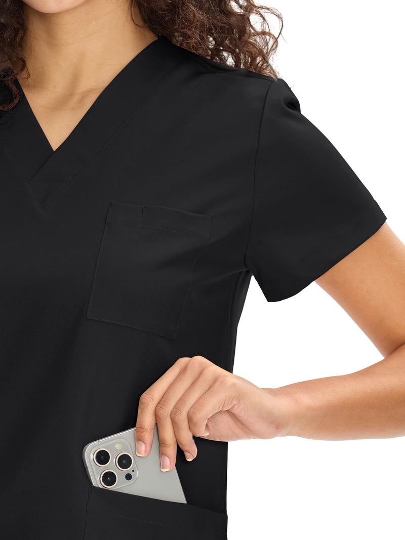 COZYFIT Scrubs for Women Set Medical Uniform - V-Neck Top & Straight Leg Pants with 9 Pockets, Unisex Workwear COZY SCRUBS Standard Small Black