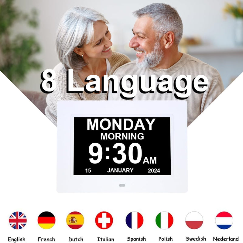 7 Inch Extra Large Day Date Time Digital Day Calendar Clocks with Auto-Dimming 12 Alarm Reminders Dementia Clock for Senior Elderly impaired Vision Memory Loss 7.1 inch white