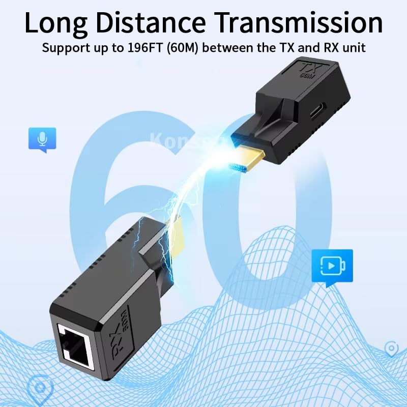 196FT HDMI Extender Over Single Ethernet Cat5e/6 Cable, Support Audio Video UHD 1080P@60Hz, HDMI Male to Male RJ45 Network LAN Extender 60M Converter Repeater, for HDTV, PC, PS3/4, Projector, Monitor 60M Extender Adapter