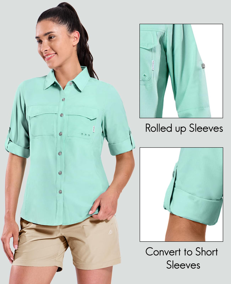 Haimont Women's Travel Hiking Fishing Button Down Shirt, UPF 50+ UV Long Sleeve Sun Shirts for Outdoor Camping Sailing Medium Light Green
